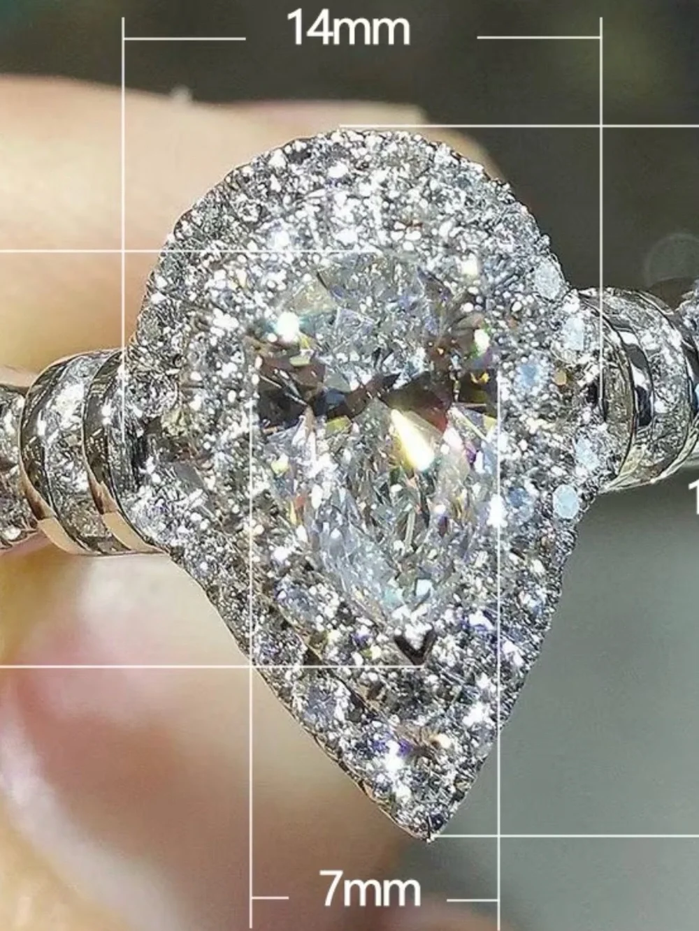 NWT-3CTW Sterling Silver double-halo pear/teardrop moissanite engagement ring